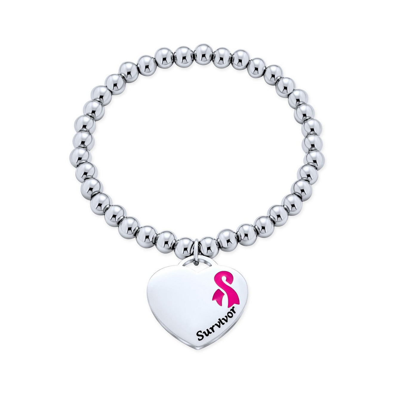 Silver Tone Stretch Pearl Pink Ribbon Heart Cancer Bracelet