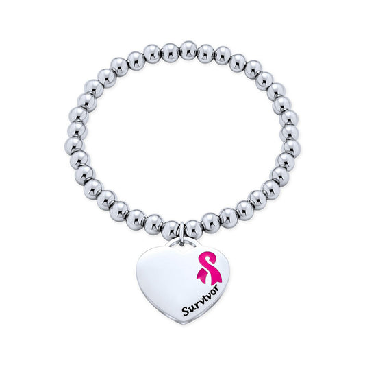 Silver Tone Stretch Pearl Pink Ribbon Heart Cancer Bracelet